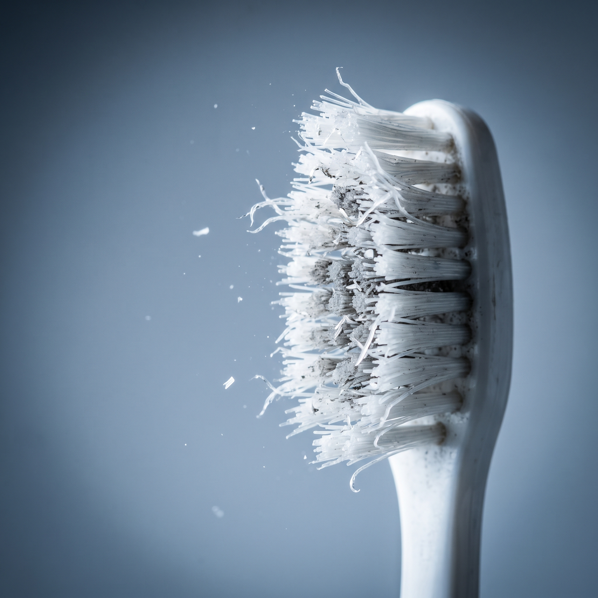 A worn nylon toothbrush head with frayed bristles shedding microplastic particles